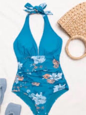 Cupshe Teal Floral Halter One-Piece Swimsuit for Kids